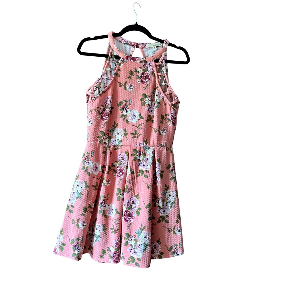 Rewind‎ Pink Floral Waffle Knit Skater Dress Criss Cross Sleeveless Medium
